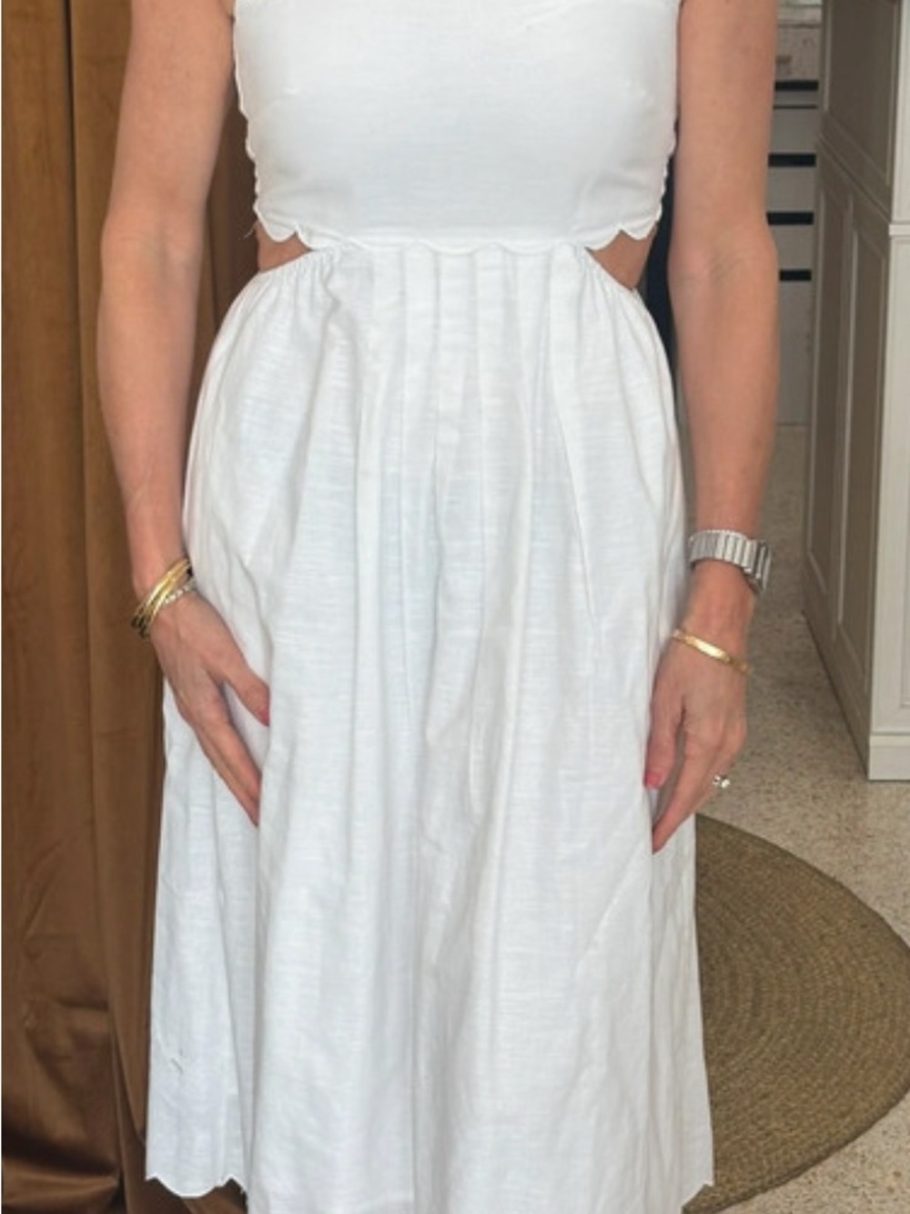 Lucy Paris White Sleeveless Cutout Midi Dress with Gathered Skirt